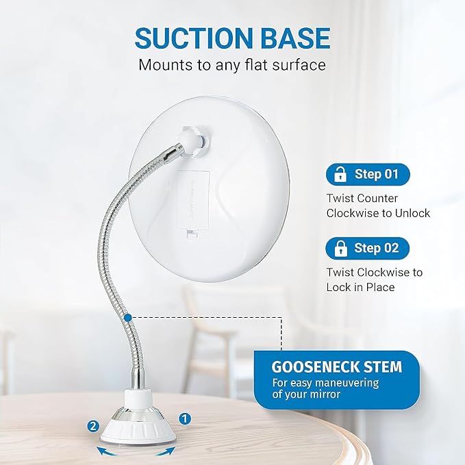 Flexible Mirror 10x Magnification 7” Make Up Round Vanity Flexible Mirror for Home, Bathroom use with Super Strong Suction Cups As